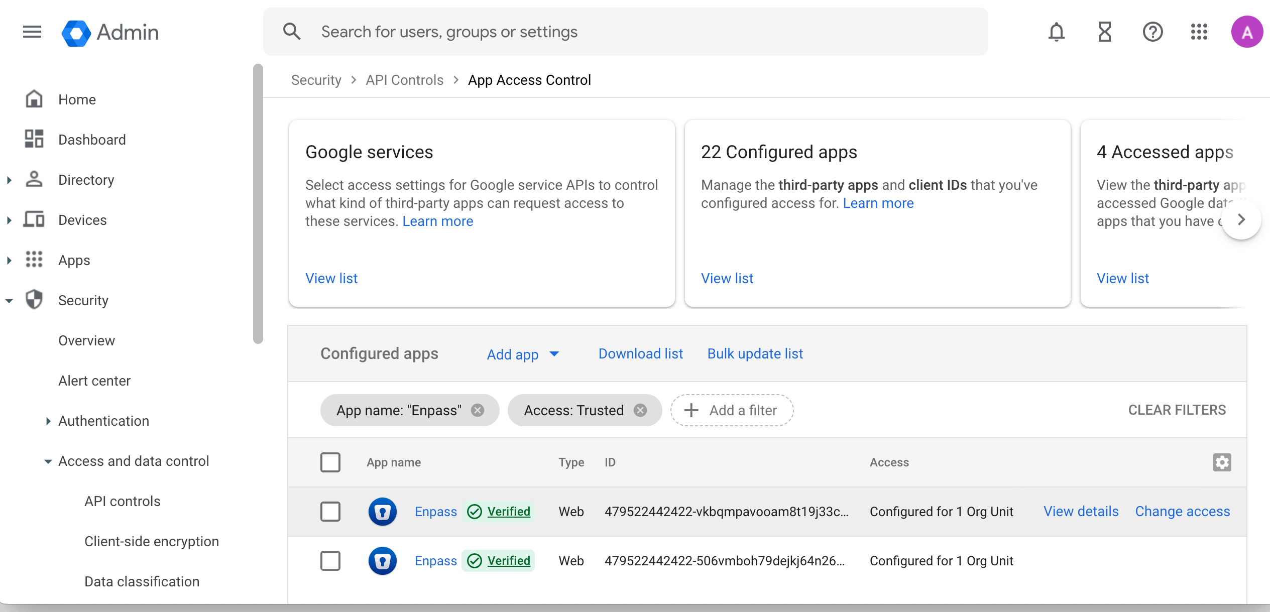 Google Workspace Enpass added as third-party app